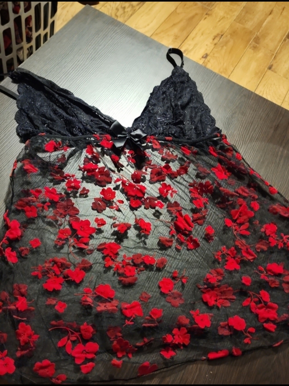SHEIN Black Sheer Babydoll with Red Floral Embroidery